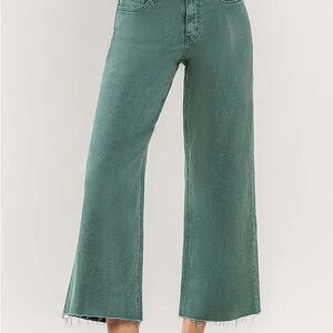 VERVET Blue Oliva Wide Leg Jeans Green High Rise Cropped Raw Hem Denim
